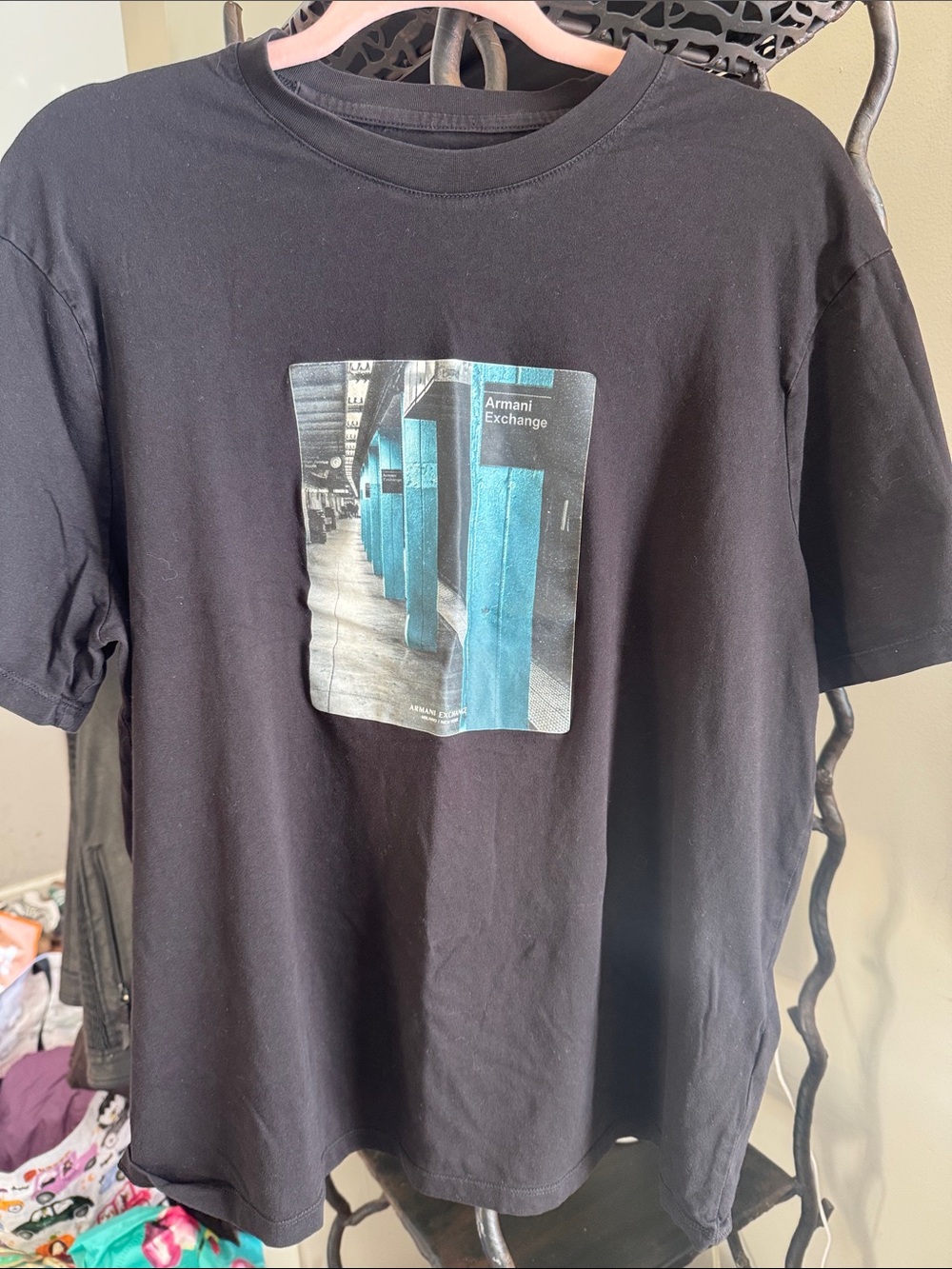 Armani Exchange Black Short-Sleeve Tee with Teal Photo Graphic
